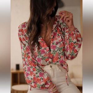 NWT Women's Elegant Floral Print Long Sleeve Loose Button-Down Blouse Top